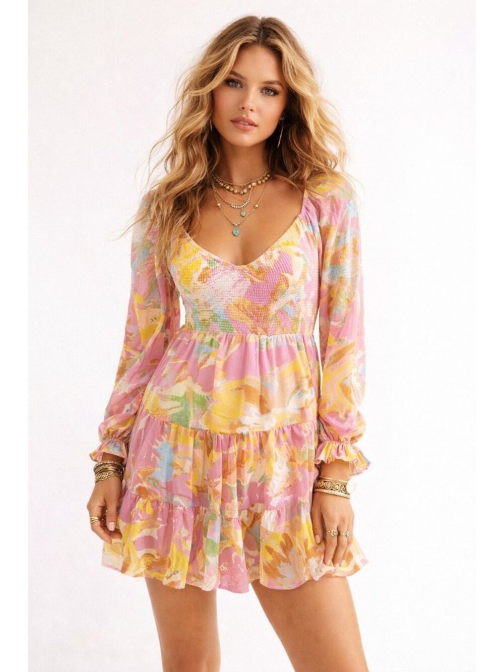 Pastel Floral Smocked Bodice Mixed Print Boho Balloon Sleeve Tiered Dress Women